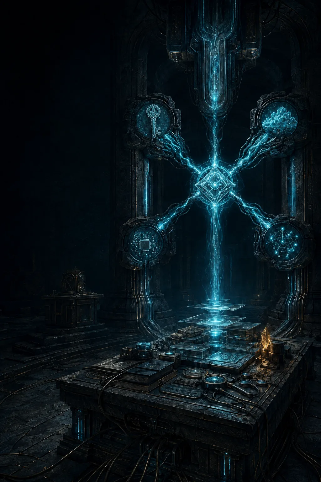 A cyan-lit security investigation chamber with evidence displays